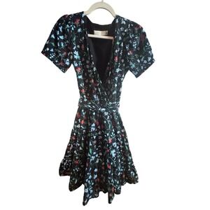 B. Yellowtail Blue Floral Wrap Dress Size XS Puff Sleeves Indigenously Designed